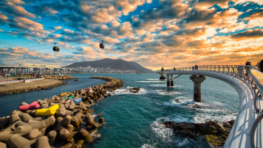 Busan city with Songdo Skywalk at sunset in Busan, South Gyeongsang Province, South Korea.