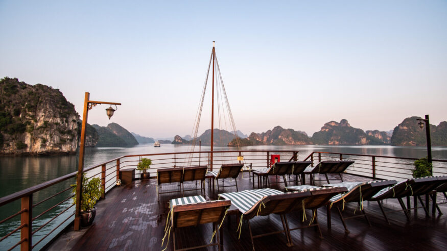 sailing at sunrise on Ha Long Bay in Vietnam