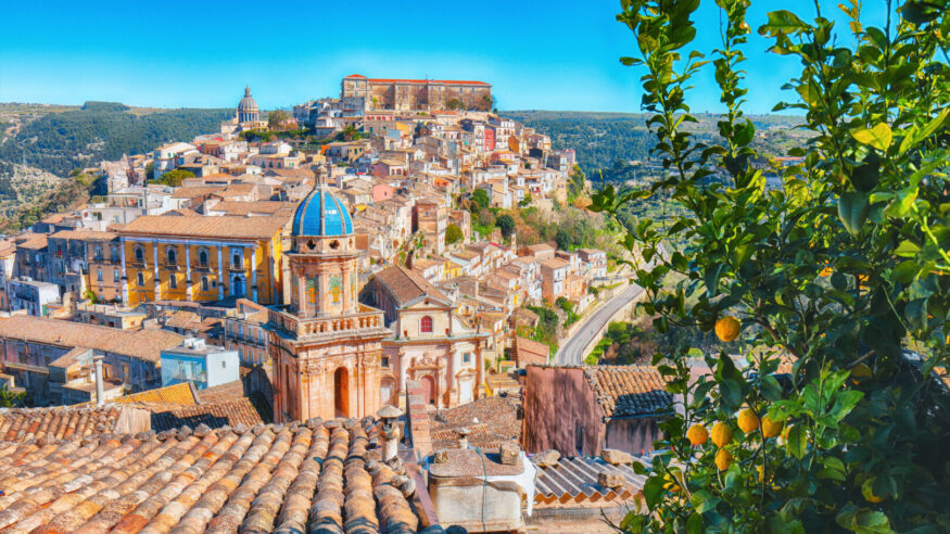 Sunrise at the old baroque town of Ragusa Ibla in Sicily. Historic center called Ibla builded in late Baroque Style. Ragusa, Sicily, Italy, Europe.