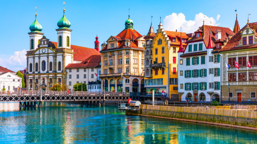 Scenic summer aerial panorama of the Old Town medieval architecture in Lucerne, Switzerland