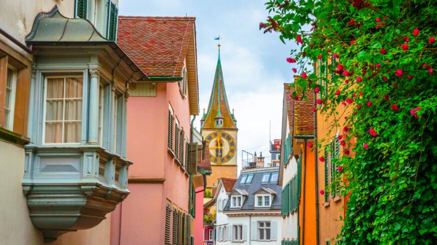Beautiful cozy street in the city center of Zurich, Switzerland